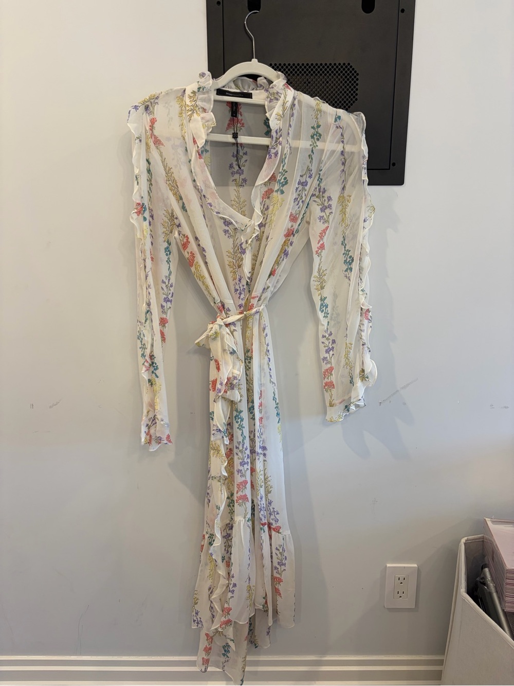 BCBGMaxAzria White Sheer Maxi Dress with Multi-Color Floral Stripes